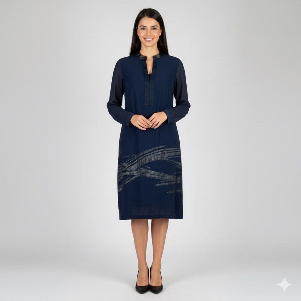 Elie Tahari Shift Dress Women 6 Navy Blue Cotton Blend Abstract‎ Detail Leather